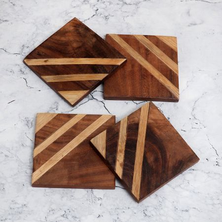 Antique Brown Coloured Wooden Coasters - Pack of 4